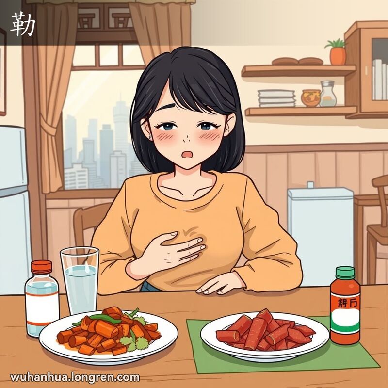 一位年轻的武汉女子坐在桌旁，面露担忧之色，一手捂着肚子，另一手伸向一杯水，桌上有辛辣食物和胃药，背景是温馨的武汉传统厨房。