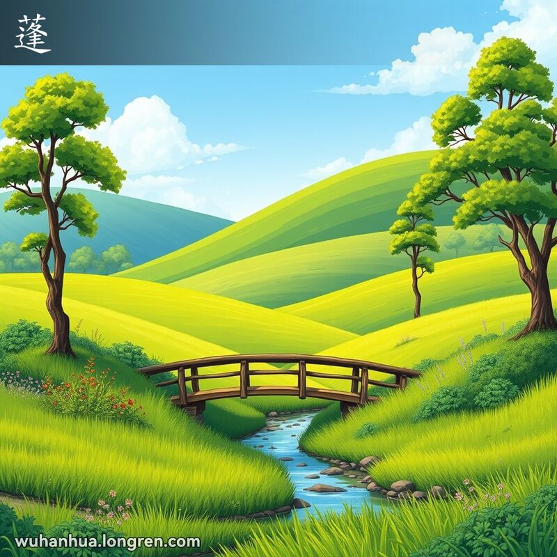 一座小木桥横跨在宁静的小溪上，周围是茂密的绿色植被和高大的树木，背景是连绵的青山和晴朗的蓝天。