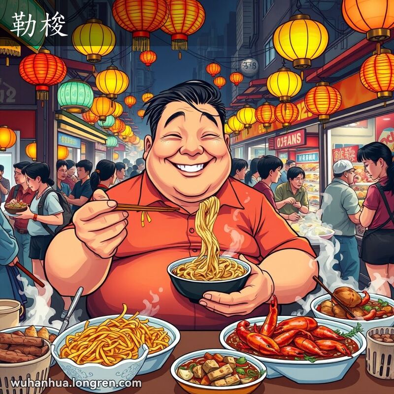 一位满脸笑容的男子坐在武汉小吃摊前，手持筷子和食物，肚子微微鼓起，表现出“勒梭”的满足感，背景是热闹的武汉夜市