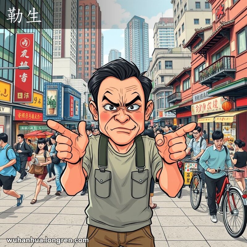 一位中年男子在武汉街头显得非常烦躁，背景是繁忙的城市风貌