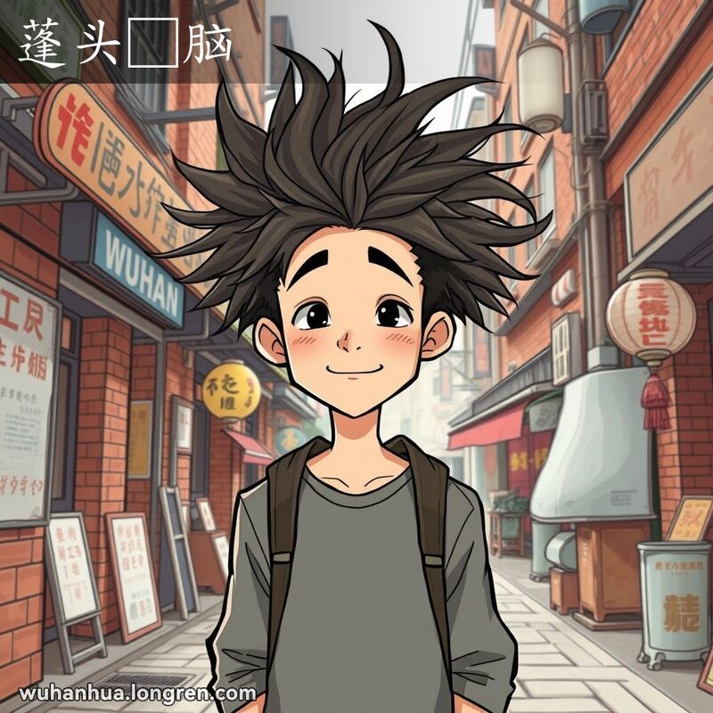 一位武汉年轻人头发凌乱，站在小巷中，背景是武汉老街景