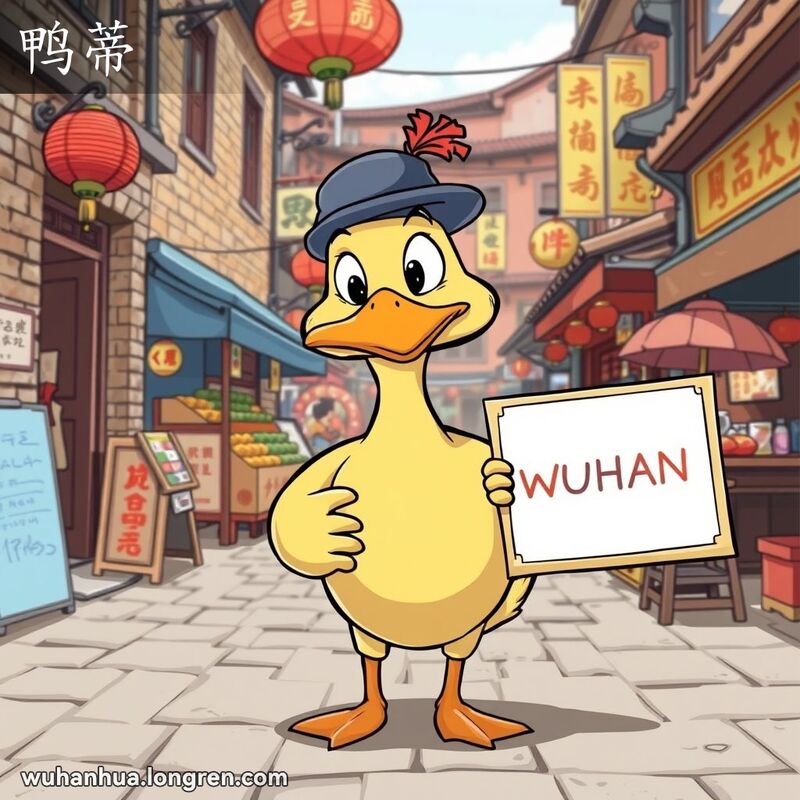 一只戴着小帽子的卡通鸭子站在武汉街头，手持空白标牌，背景是老砖墙和热闹的市场。