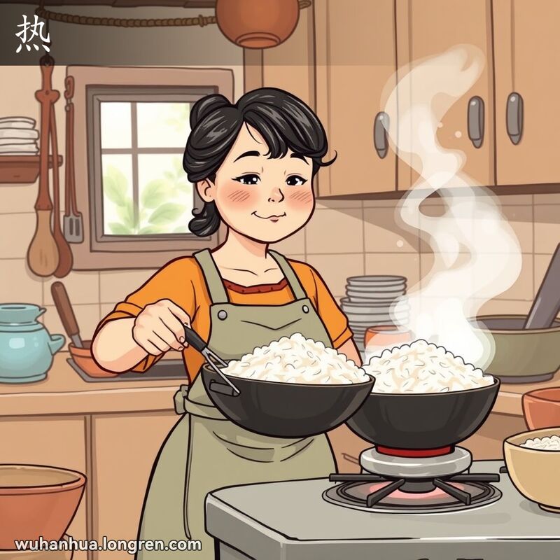 一位中年妇女在武汉家庭厨房中加热米饭，背景是传统厨房景象