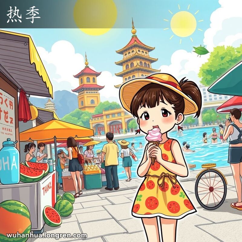 武汉的炎热夏日，女孩手持融化的冰淇淋，背景是黄鹤楼和长江，人们在户外活动。