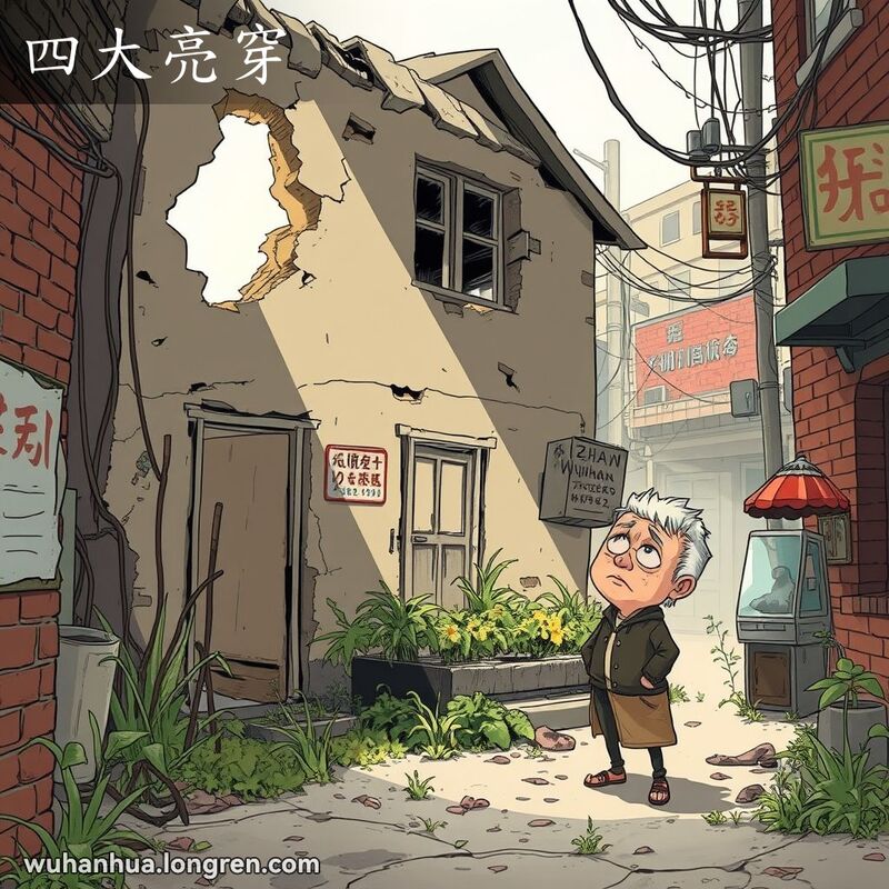 一间破旧的老房子，墙壁上有大洞和裂缝，阳光透过缝隙射进来，周围杂草丛生，一位老人站在外面，神情担忧。