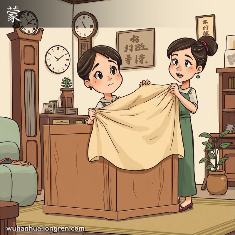 一位武汉妇女在客厅里用布盖住大木箱，背景有老式挂钟和盆栽