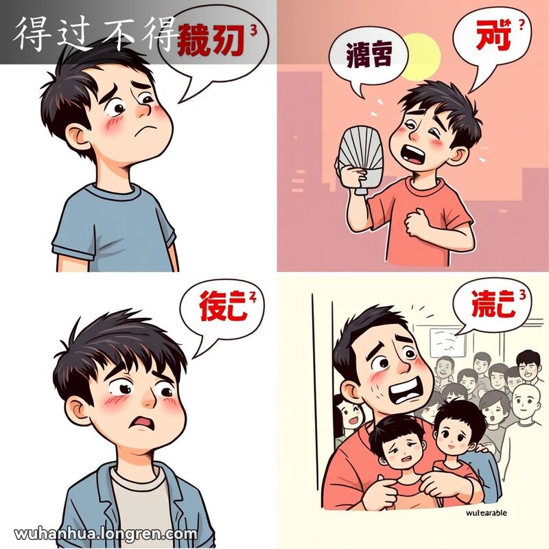 一个武汉年轻人在憋气、炎热、寒冷和闷热的情境中，表情夸张，体现“得过不得”的含义。
