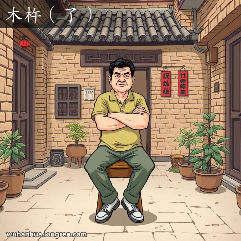 一位武汉男子坐在庭院木凳上，身体僵硬、表情木然，背景是武汉老院子