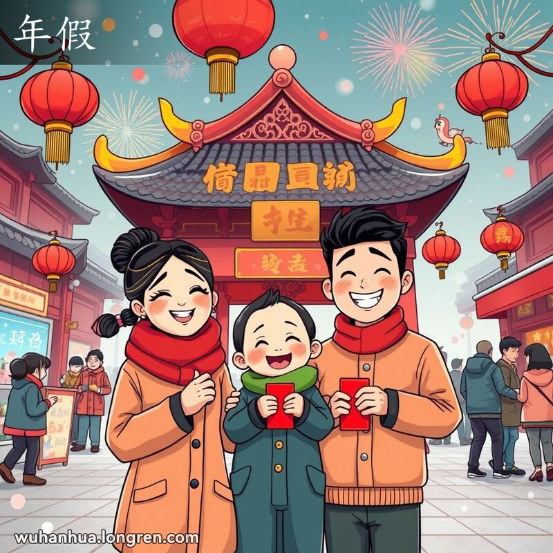一家三口在春节期间的欢乐场景，背景是传统的中国庙宇和热闹的街道，孩子手持红包，象征着过年的习俗。