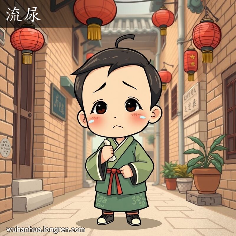 一位小孩站在武汉老街巷中，脸上挂着泪痕，表情难过，背景有红砖墙和红灯笼