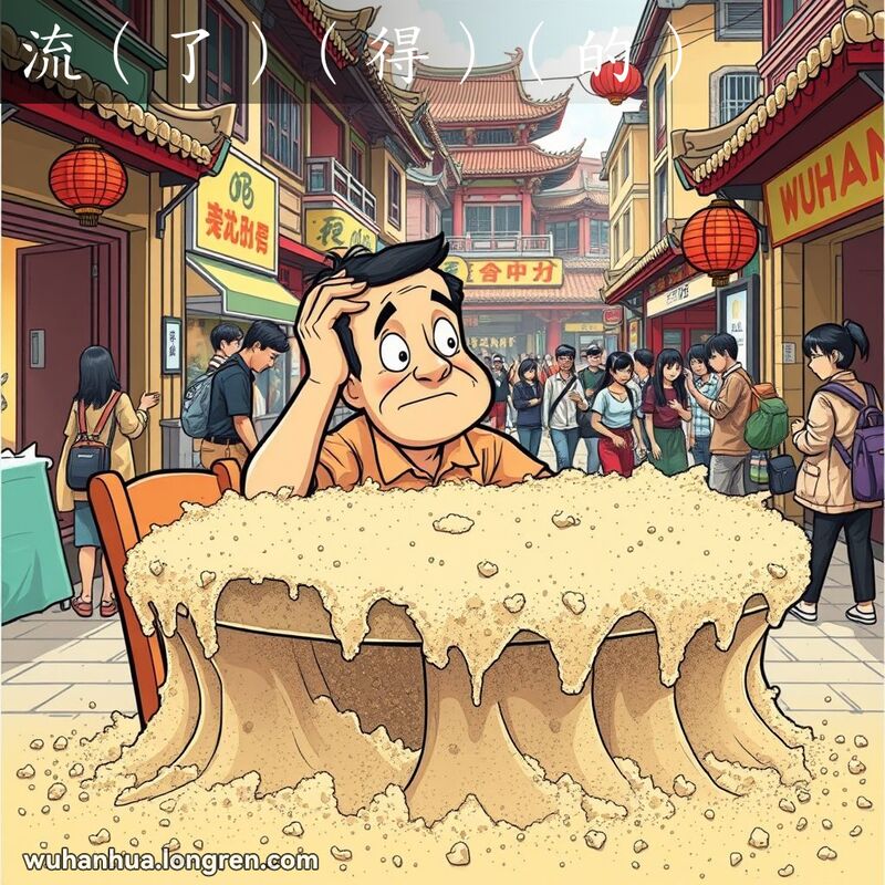 一位男子坐在堆满灰尘的桌子前，显得困惑，背景是武汉街头的繁忙景象