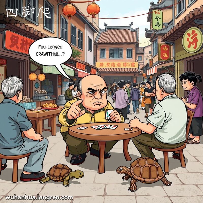 一群武汉市民在街边打牌，一位男子指着牌，背后有乌龟爬行，象征“四脚爬”