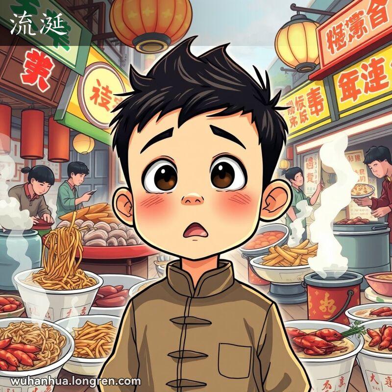 一个小男孩在武汉街头小吃摊前流口水，背景是热闹的市场摊位