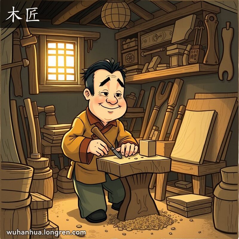 一位木匠在工作坊里专注地用凿子和锤子雕刻木料，背景是各种木工工具和半成品家具。