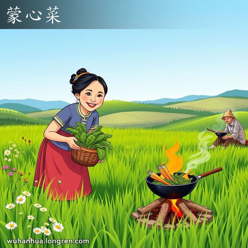 一位武汉妇女在野外采摘圆叶的蒙心菜，旁边有人在篝火上炒菜，背景是绿油油的田野和宁静的乡村景色