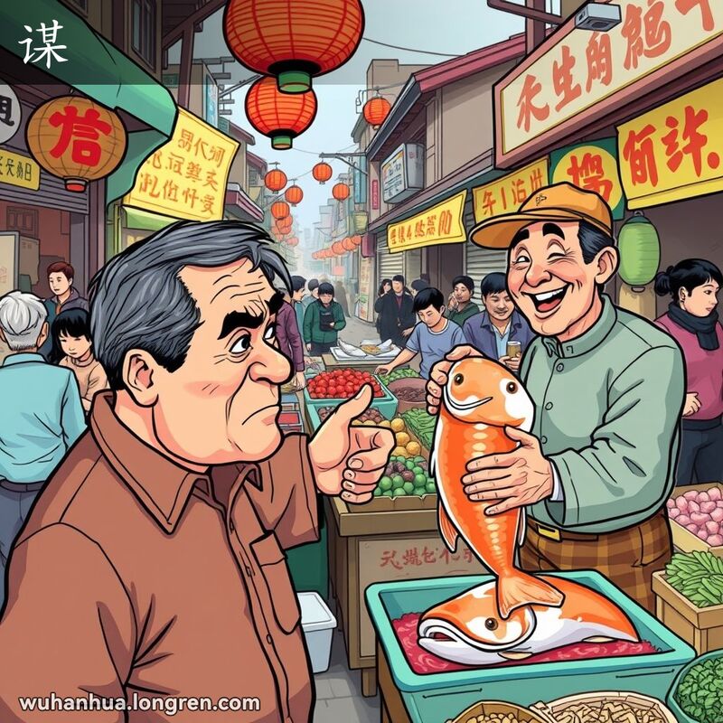一位中年男子在武汉街市与鱼贩讨价还价，试图买到一条大鲤鱼，背景是繁忙的市场场景