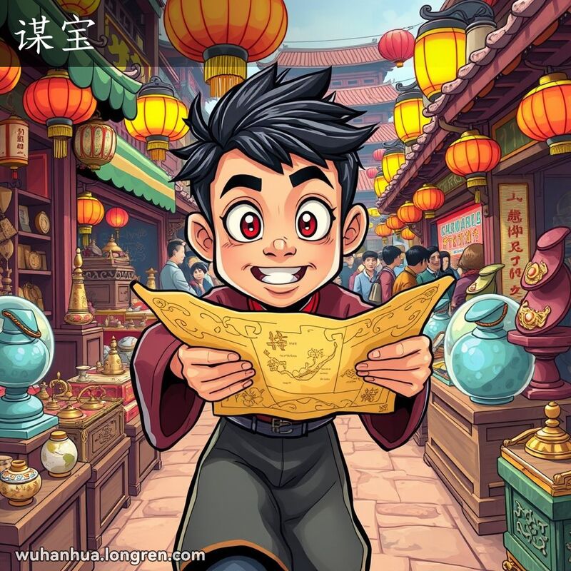 一个穿着传统中国服装的人手持宝藏地图，在热闹的市场中急切地寻找宝贝，背景是彩色的灯笼和传统的中国建筑。