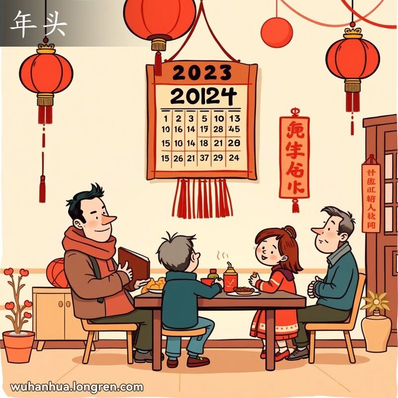 一个中国家庭在新年初围坐讨论计划，墙上挂着日历，房间装饰红灯笼和对联
