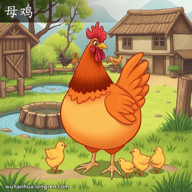 一只胖乎乎的母鸡站在农家院落中央，周围有小鸡和其他农场动物，背景是茅草屋和木栅栏