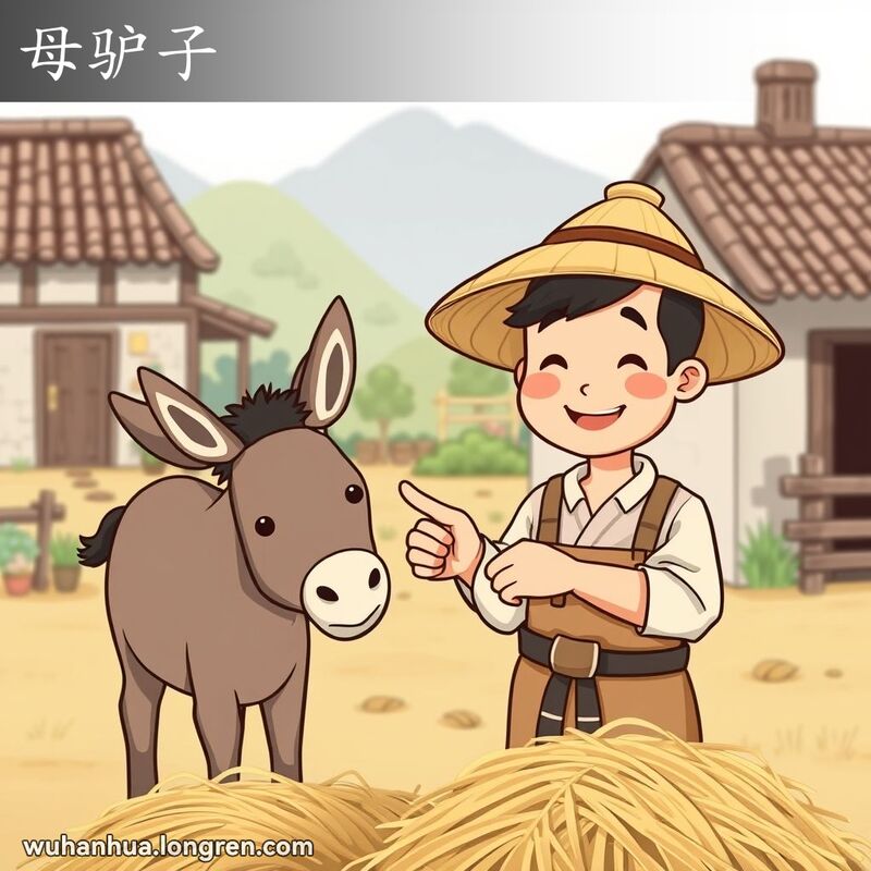 一位武汉农民站在乡村背景中，身旁是一头正在吃草的母驴，农民脸上带着温暖的笑容，手指着母驴。