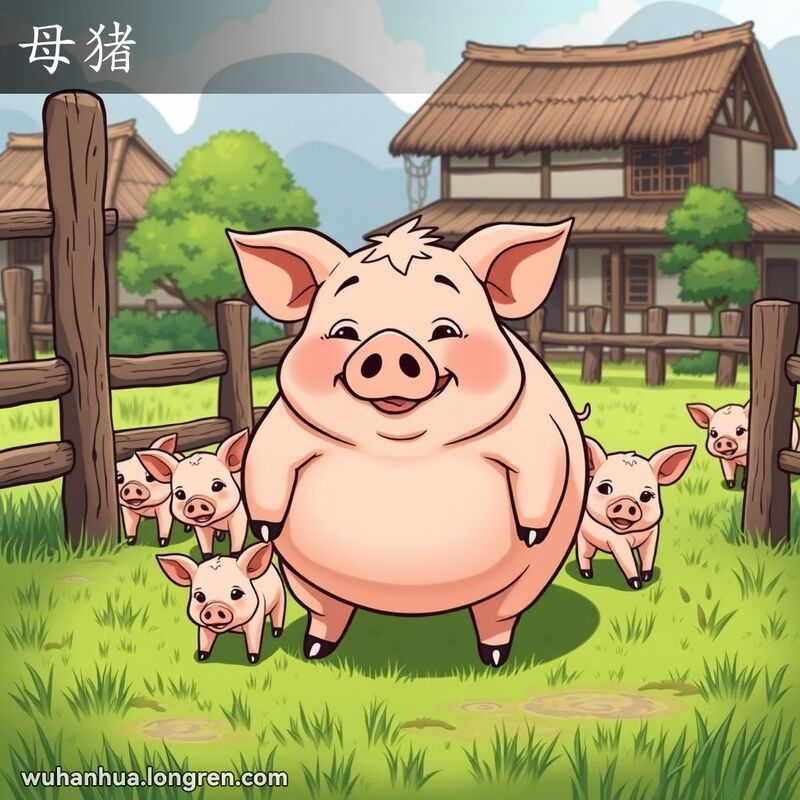一只胖乎乎的母猪站在农场中央，背景有农舍和树木，小猪仔在嬉戏