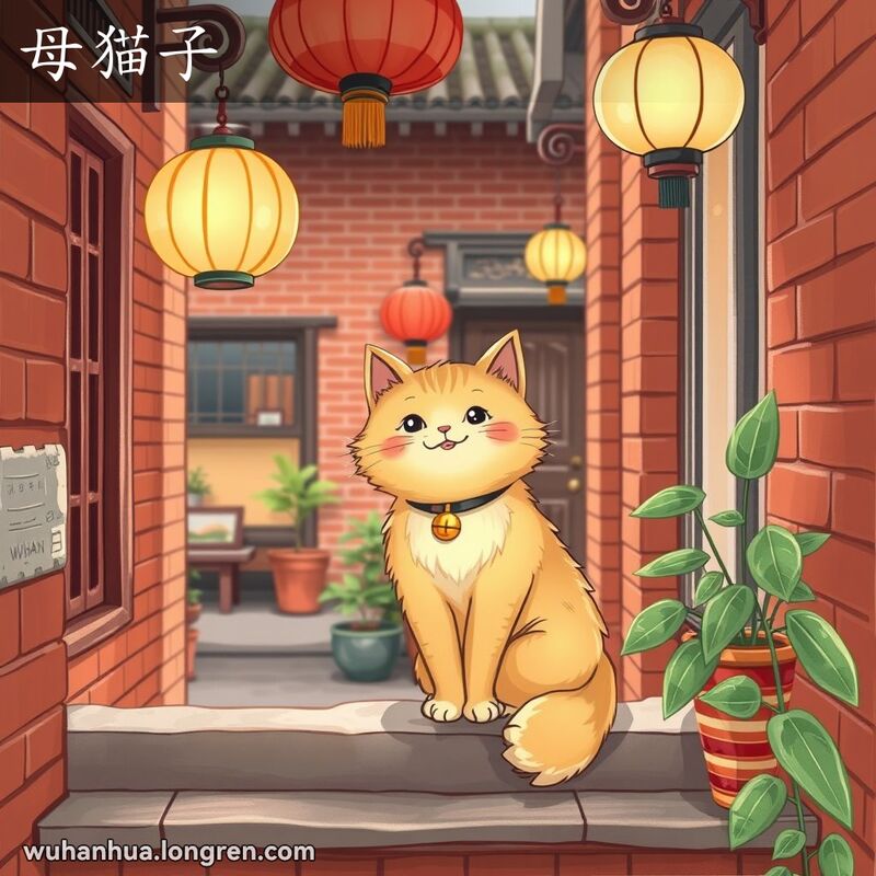 一只可爱的母猫坐在武汉老街巷的窗台上，背景是红砖墙和挂着的灯笼