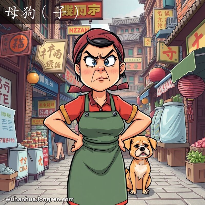 一位武汉女子在街市中愤怒地喊叫，身后有一只小母狗，背景是武汉老街景