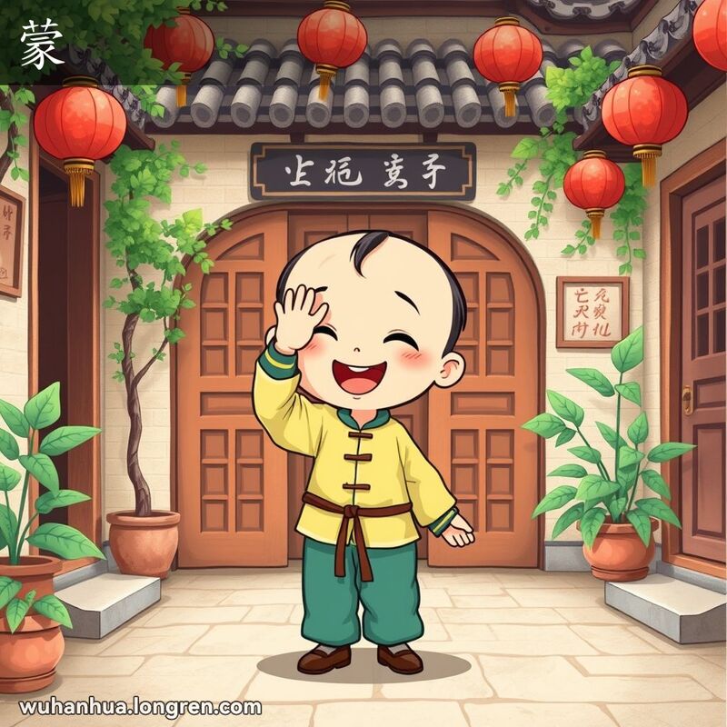一个孩子在武汉老院子里用手捂住眼睛玩耍，背景有木门和红灯笼