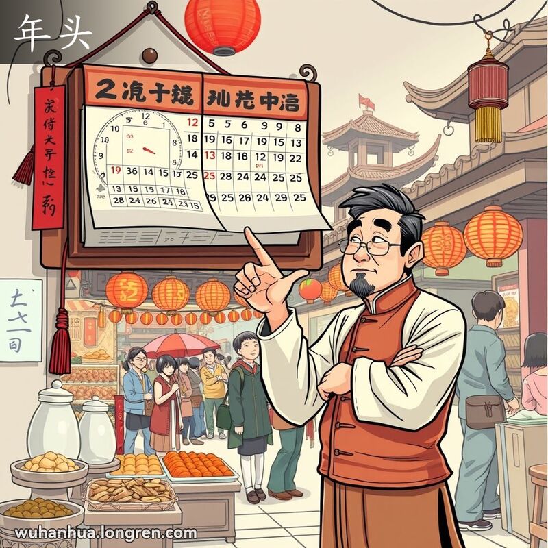 日历页面快速翻动，男子指着日历，背景是武汉市场景象，表达“年头”的概念