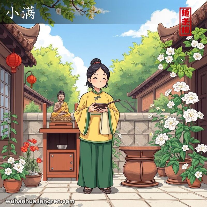 一位中年妇女在武汉传统街景中进行“小满”节气的洗碗仪式，背景是茂密的绿植和盛开的花朵。