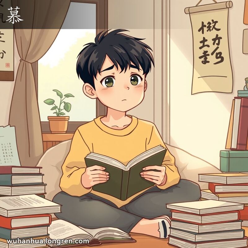 一位年轻人在书房中手持书本，神情若有所思，目光望向远方，表现出对过去的挂念。