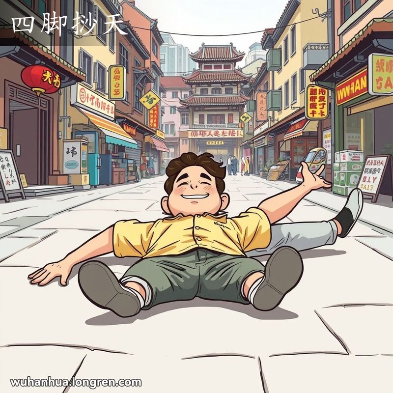 一位男子四脚朝天地躺在地上，四肢伸展开来，背景是武汉街景