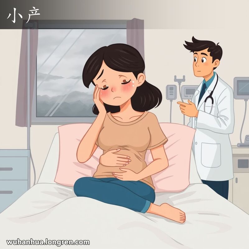 一位年轻女子坐在医院病床上，神情忧虑，医生在旁安慰，背景是医院病房和阴沉的天空
