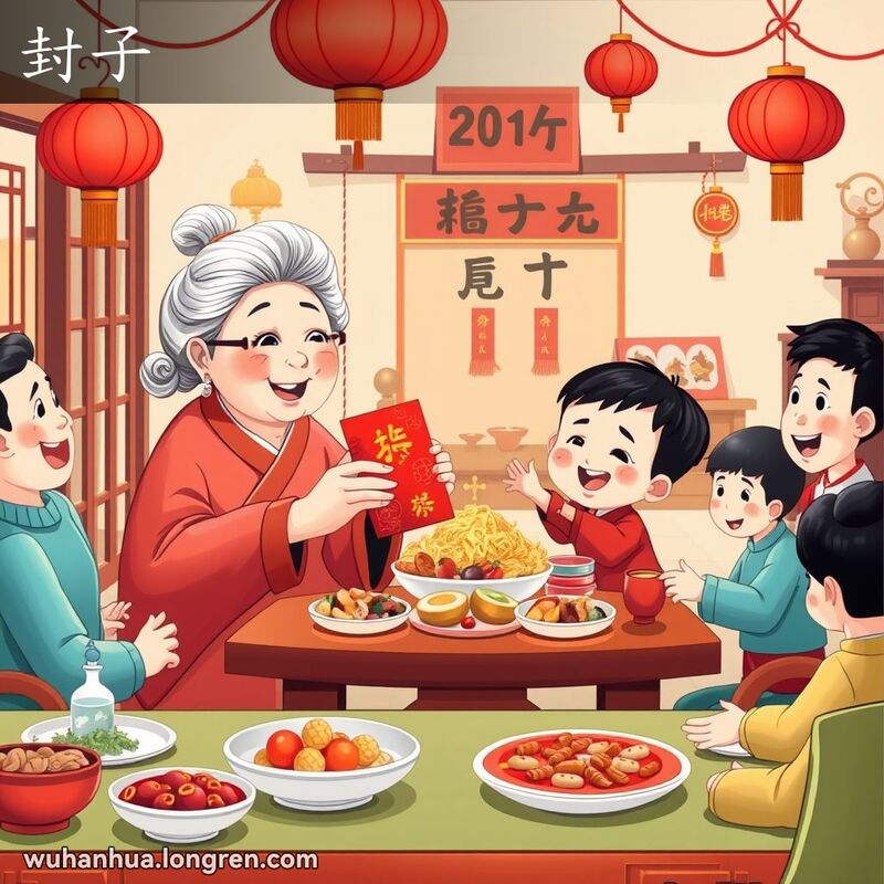一个春节场景，奶奶递红包给孙子，背景是温馨的客厅和传统装饰