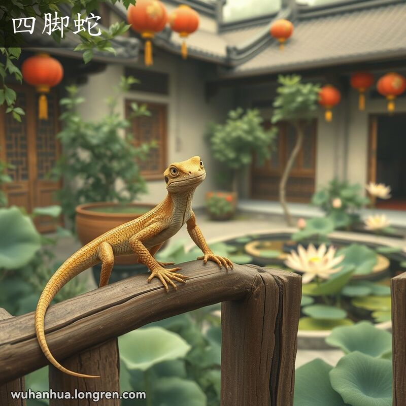 一只蜥蜴坐在传统中式庭院的木质篱笆上，背景有绿植、荷花池和传统建筑，画面宁静自然。