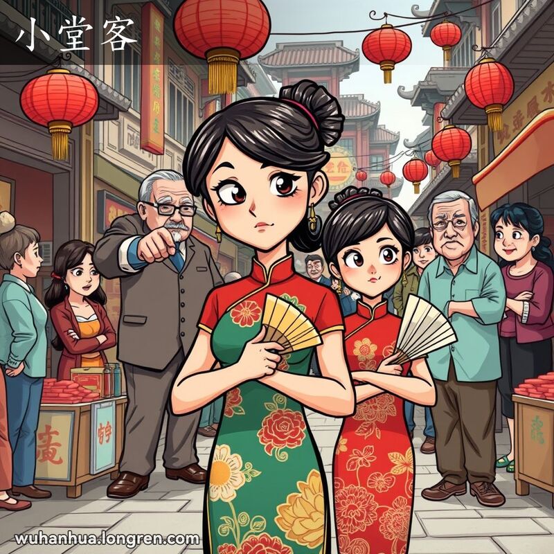 一位年轻女子穿着旗袍站在武汉老街上，表情不屑，背景有老者指责和邻居议论，反映“小堂客”的含义