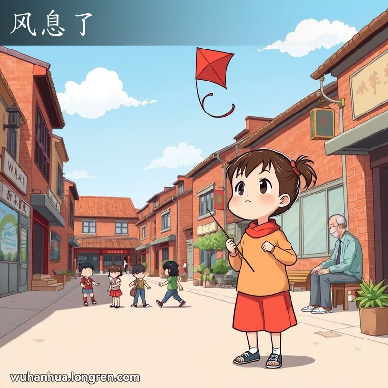 武汉街道上，孩子们玩耍，老人们聊天，一个小女孩手持风筝，因为没有风而显得失望。