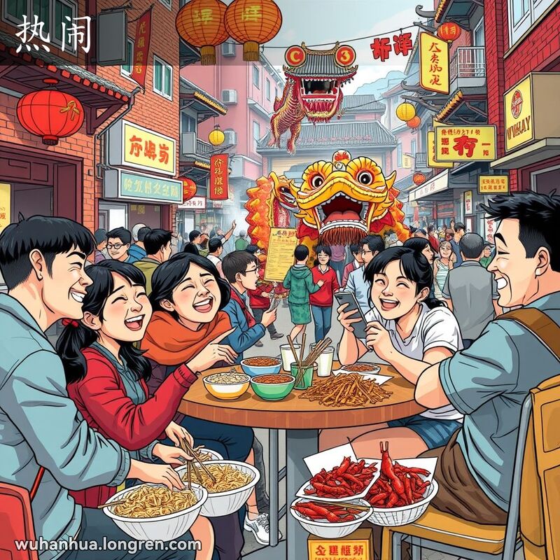 武汉街道上人们聚集在户外摊位享受美食和龙舞表演，展现热闹的景象