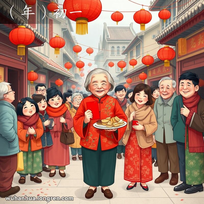 武汉街头农历新年庆祝场景，老妇人手持红包和年货，周围是穿着节日服装的家人和邻居，背景有红灯笼和鞭炮。