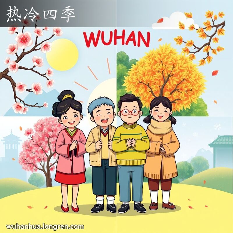 武汉一年四季的变化，家庭成员穿着不同季节的服装，背景有春天的樱花、夏天的绿色植被、秋天的落叶和冬天的雪花。