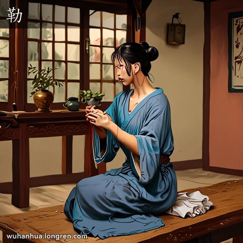 一位年轻女子在家中用毛巾用力擦拭背部，表情既用力又舒缓，背景是简朴的家庭环境和武汉老街景