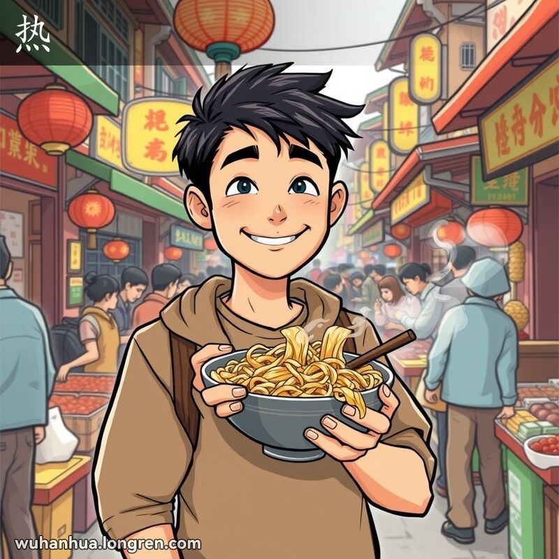 一位年轻的武汉男子在热闹的街市中，手持热气腾腾的面条，脸上露出得意的笑容，背景是武汉老街景