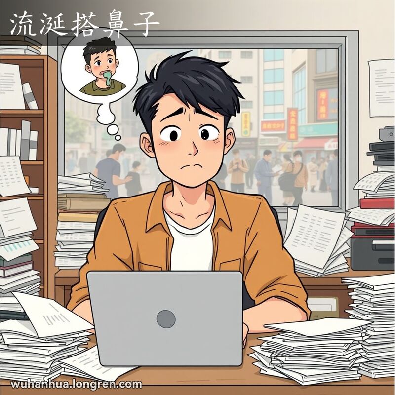 一位年轻男子坐在办公桌前，被文件和电脑包围，显得困惑和无奈，思想泡泡中有一个人口水流到鼻子上，象征着“流涎搭鼻子”的表情，背景是凌乱的办公空间和武汉街道