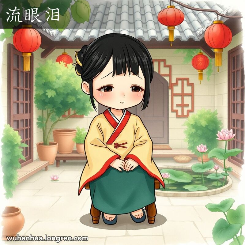 一位穿着传统服饰的武汉少女坐在庭院中的小木凳上，低头流泪，背景有绿植、荷花池和红灯笼