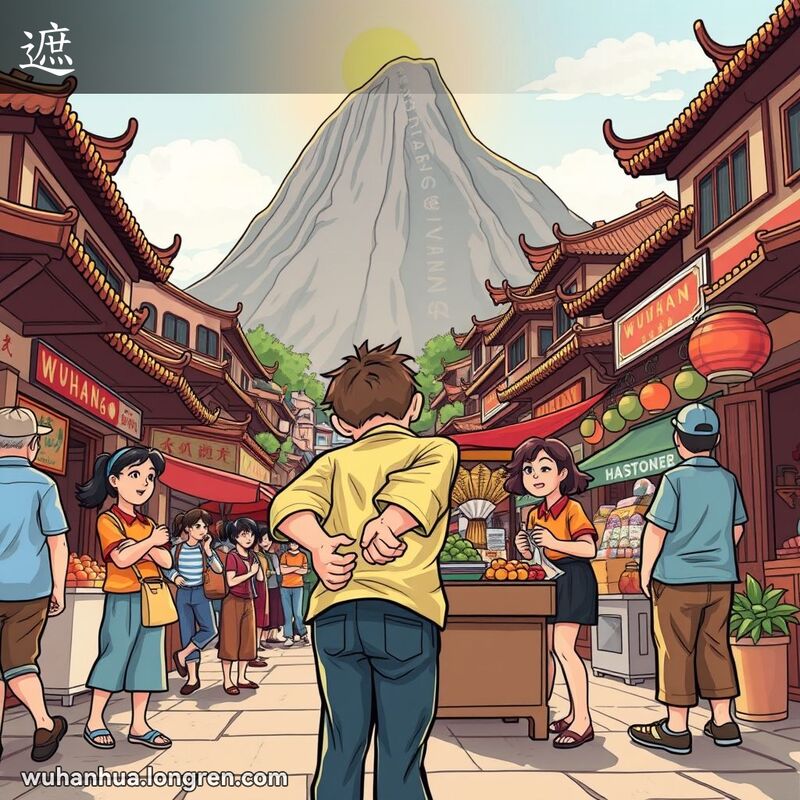 武汉街头，一群人围在小摊前，一人试图隐藏东西，背景有高山和太阳，象征“山高遮不住太阳”。