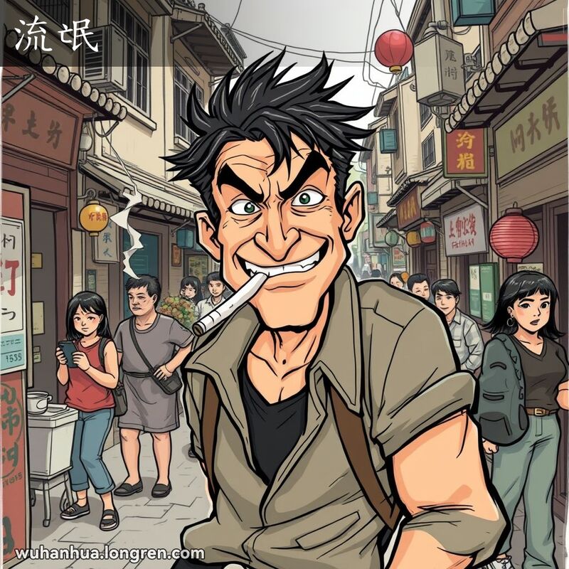 一位流氓在武汉老街上叼着烟，靠在墙上，脸上带着狡黠的笑容，背景有市民忙碌，画面风格幽默。