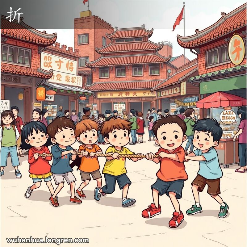 一群孩子在武汉市场玩拔河比赛，一个孩子对抗十个孩子，展现“折”的含义，背景是武汉老街景
