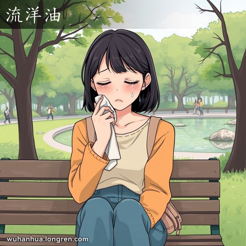 一位年轻的武汉女子坐在公园长椅上，手捂着脸，眼泪不断流下，表情充满悲伤和脆弱，背景是宁静的公园景色