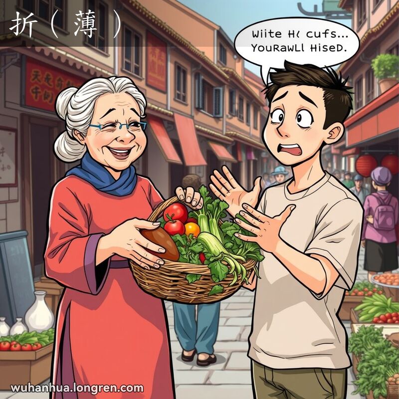 一位中年妇女在武汉街市上递蔬菜给年轻人，年轻人婉拒，表情传达出“你莫折（薄）了伢”的含义，背景是热闹的市场