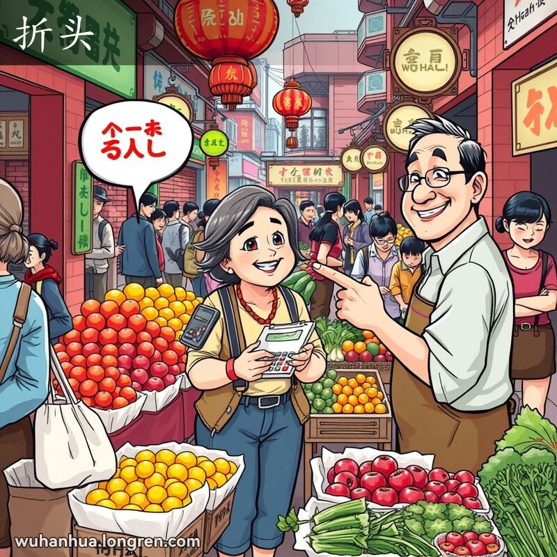 一位中年妇女在武汉市场与摊贩讨价还价，背景是繁忙的市场和传统街景